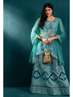 KVS FAB - Women Blue Embroidered Semi Stitched Lehenga with Choli and Dupatta (Set of 3)
