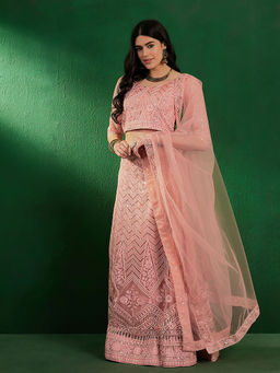 KVS FAB - Women Peach Embroidered Semi Stitched Lehenga with Choli and Dupatta (Set of 3)