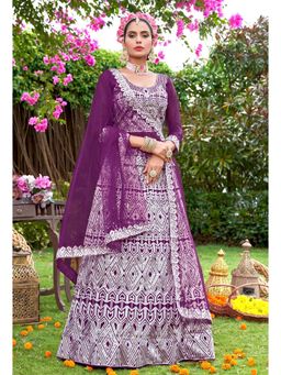 KVS FAB - Women Wine Embroidered Semi Stitched Lehenga with Choli and Dupatta (Set of 3)