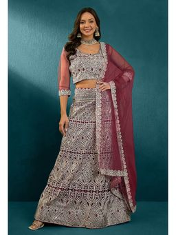 KVS FAB - Women Rust Embroidered Semi Stitched Lehenga with Choli and Dupatta (Set of 3)