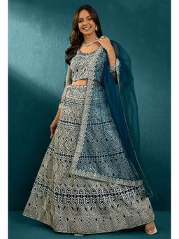 KVS FAB - Women Teal Embroidered Semi Stitched Lehenga with Choli and Dupatta (Set of 3)