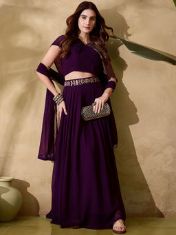 KVS FAB - Women Wine Embroidered Lehenga with Choli and Dupatta (Set of 3)