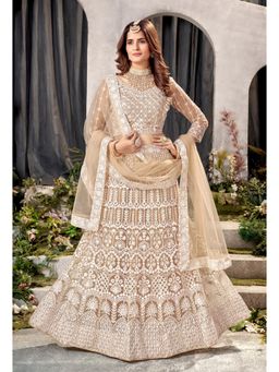 KVS FAB - Women Beige Embroidered Semi Stitched Lehenga with Choli and Dupatta (Set of 3)