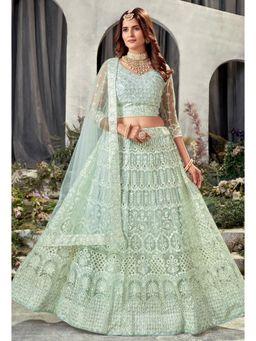 KVS FAB - Women Green Embroidered Semi Stitched Lehenga with Choli and Dupatta (Set of 3)