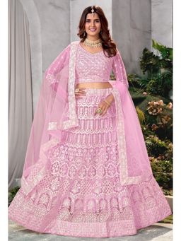 KVS FAB - Women Pink Embroidered Semi Stitched Lehenga with Choli and Dupatta (Set of 3)