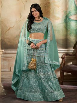 KVS FAB - Women Turquoise Embroidered Semi Stitched Lehenga with Choli and Dupatta (Set of 3)
