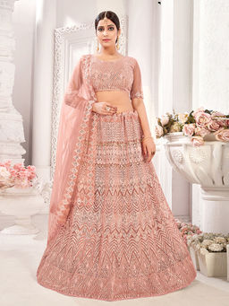 KVS FAB - Women Peach Embroidered Semi Stitched Lehenga with Choli and Dupatta (Set of 3)
