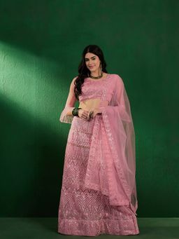 KVS FAB - Women Pink Embroidered Semi Stitched Lehenga with Choli and Dupatta (Set of 3)