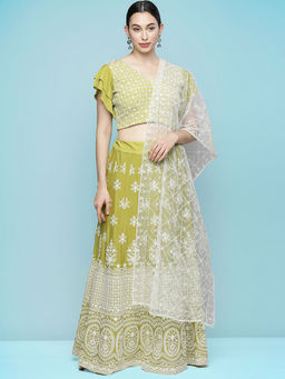 KVS FAB - Women Green Embroidered Semi Stitched Lehenga with Choli and Dupatta (Set of 3)