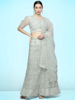 KVS FAB - Women Green Embroidered Semi Stitched Lehenga with Choli and Dupatta (Set of 3)