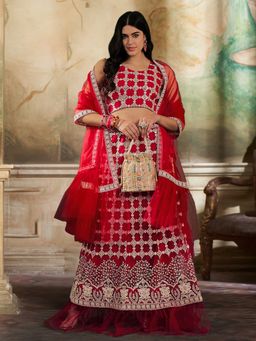 KVS FAB - Women Red Embroidered Semi Stitched Lehenga with Choli and Dupatta (Set of 3)