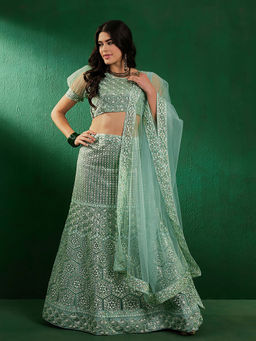 KVS FAB - Women Blue Embroidered Semi Stitched Lehenga with Choli and Dupatta (Set of 3)