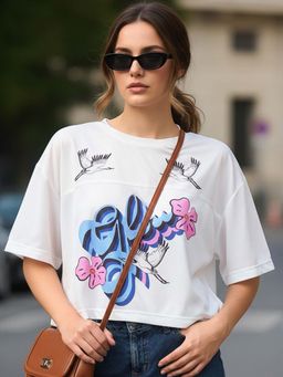 Bewakoof - Womens White Graphic Printed Oversized Crop Mesh T-Shirt