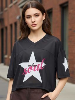 Bewakoof - Womens Black Graphic Printed Oversized Crop Mesh T-Shirt