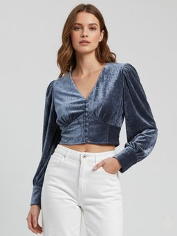 ANVI Be Yourself - Grey Velvet V Neck Long Sleeve Wrap Crop Top