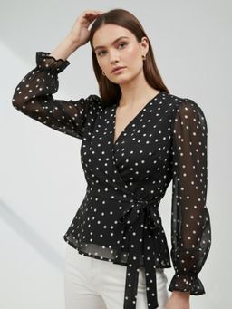ANVI Be Yourself - Polka Dot Printed Georgette V Neck Puff Sleeves Wrap Top