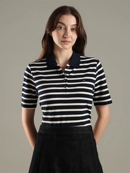 Tommy Hilfiger - Striped Regular Fit Cotton Navy Blue Polo T-Shirt