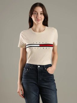 Tommy Hilfiger - Embroidered Logo Regular Fit Cotton Beige T-Shirt
