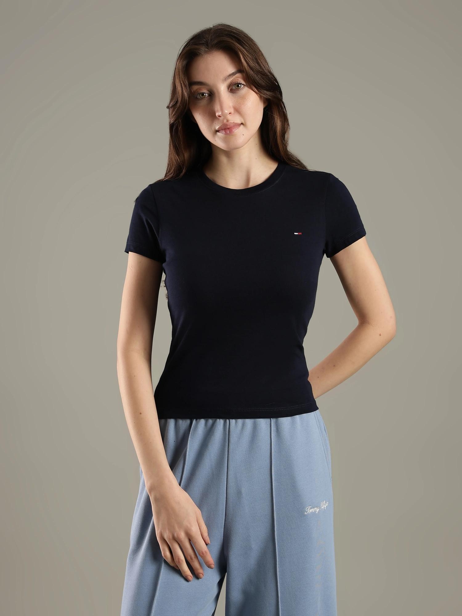 Solid Slim Fit Cotton Navy Blue T-Shirt-image-4