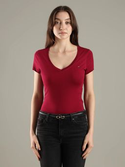 Tommy Hilfiger - Solid Slim Fit Cotton V-Neck Red T-Shirt