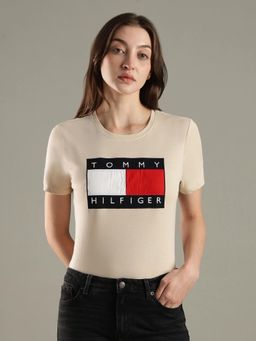 Tommy Hilfiger - Embroidered Logo Regular Fit Cotton Beige T-Shirt