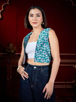 PURVAJA - Women Vests Shirt Sleeveless Teal Jacket