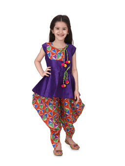 BownBee - Triangle Print Patch Peplum Dhoti for Girls- Purple (Set of 2)