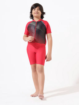 LYCOT - Boys Red One Streak Pattern Zipped Swim Suit