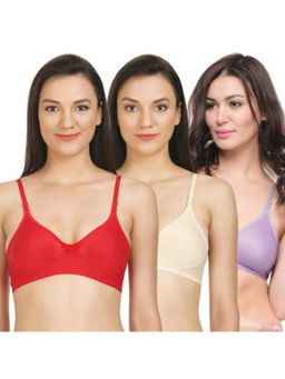 Bodycare - Seamless Cup Bra In Purple-Red-Skin Color - Pack Of 3
