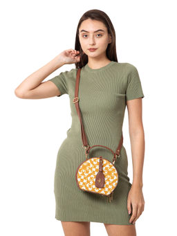 Yelloe - Women Round Sling Bag Off White and Mustard
