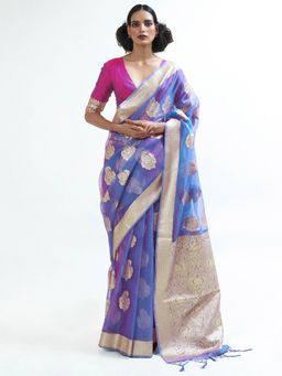 Odette - Blue Party Wear Organza Woven Design Saree with Unstitched Blouse