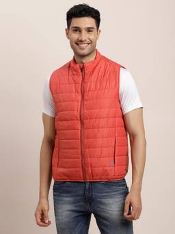 Turtle - Men Orange Nylon Sleeveless Regular Fit Solid Windcheater Jacket