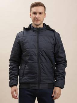 Turtle - Men Navy Nylon Full Sleeve Regular Fit Solid Hooded Windcheater Jacket