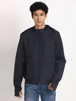 Turtle - Men Blue Cotton Stretch Full Sleeve Regular Fit Solid Hooded Jacket