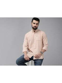 The Bear House - Men Orange & White Slim Fit Vertical Striped Linen Casual Shirt