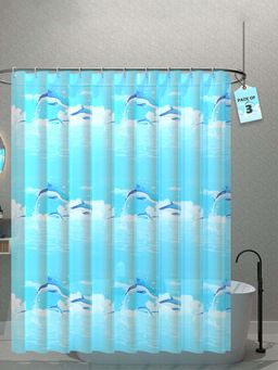 Kuber Industries - Shark Print- Blue Shower Curtains with 12 Rings (Pack of 3) (7 Feet)