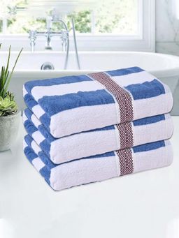 Kuber Industries - White Blue Patti Cotton Bath Towels (Pack of 3)