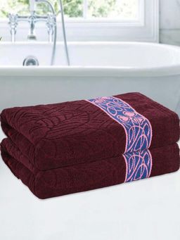 Kuber Industries - Maroon Cotton Leaf Embossed Bath Towels (Pack of 2)