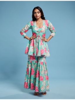 PHATAKAA - Layered Floral Top With Leheriya Printed Flared Sharara (Set of 2)