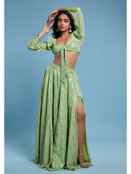 PHATAKAA - Lime Barfi Front Tie-Up Lehenga (Set of 2)