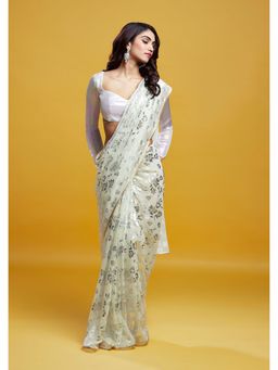 PHATAKAA - White & Silver Barfi Saree Without Blouse