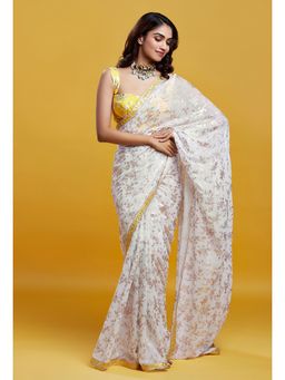 PHATAKAA - White & Gold Barfi Saree With Stitched Blouse