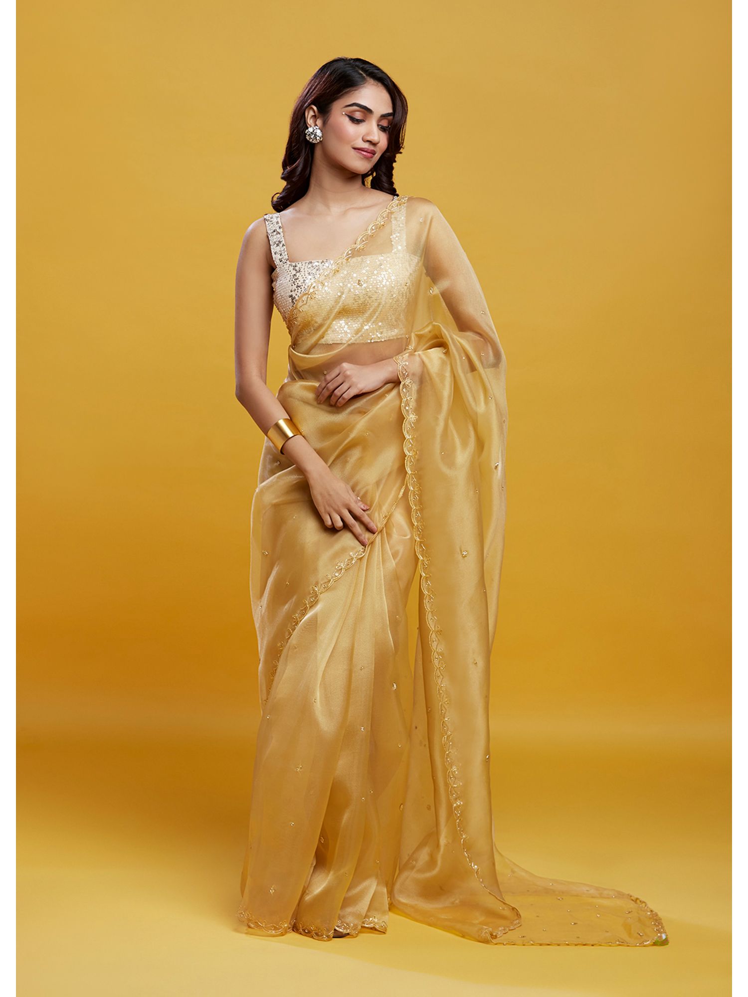 Buy PHATAKAA Gold Organza Saree With Stitched Blouse Online