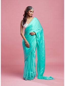 PHATAKAA - Turquoise Satin Saree With Stitched Blouse