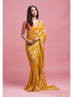 PHATAKAA - Mustard Contrast Barfi Saree With Stitched Blouse