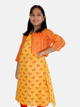 KiddoPanti - Girls Yellow Cotton Sleeveless Kurta with Crop Shrug