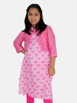 KiddoPanti - Girls Pink Cotton Sleeveless Kurta with Crop Shrug