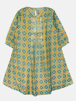 KiddoPanti - Girls Mustard Cotton Ethnic Printed Kurta