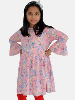 KiddoPanti - Girls Pink Rayon Empire Floral Print Kurta