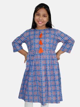 KiddoPanti - Girls Blue Cotton Printed Kurta
